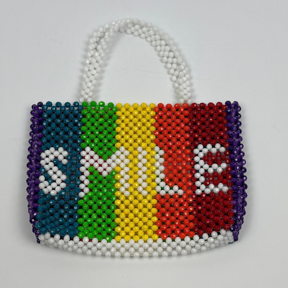 Rainbow Beaded Smile Tote Bag Multicolor Pride Festival Beaded Handbag Retro